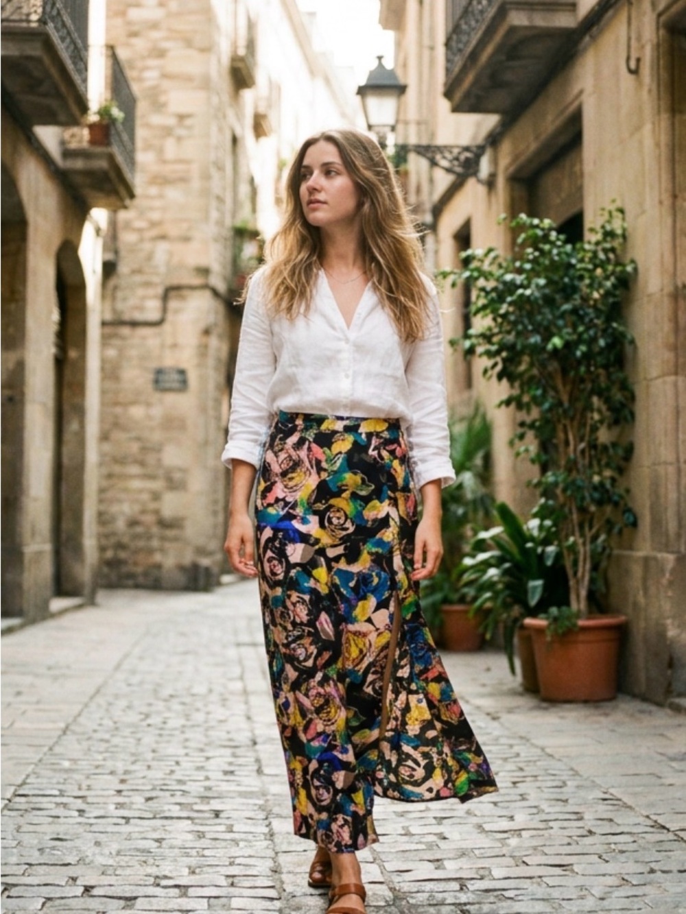 Astr Floral Print Maxi Skirt With High Slit